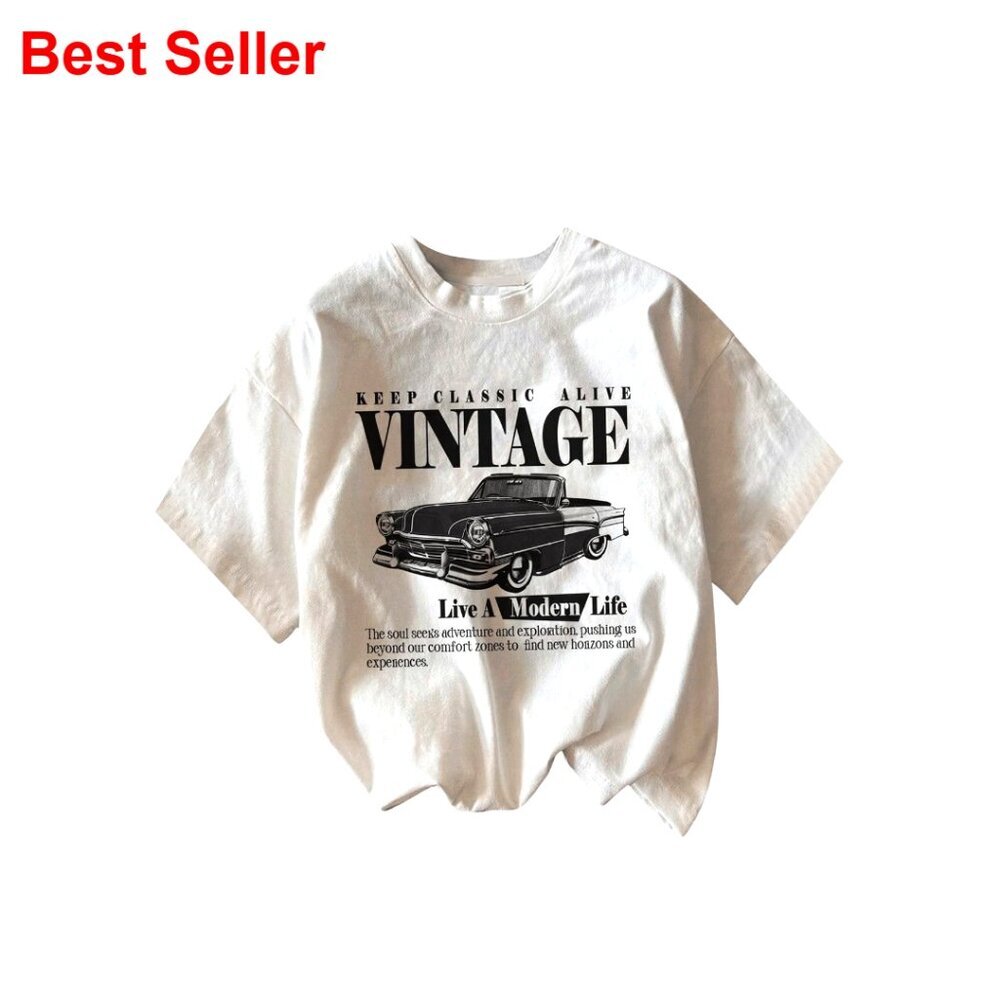 Graphic Letter Tee Crew Neck Drop Shoulder Vintage Car Print Summer Top
